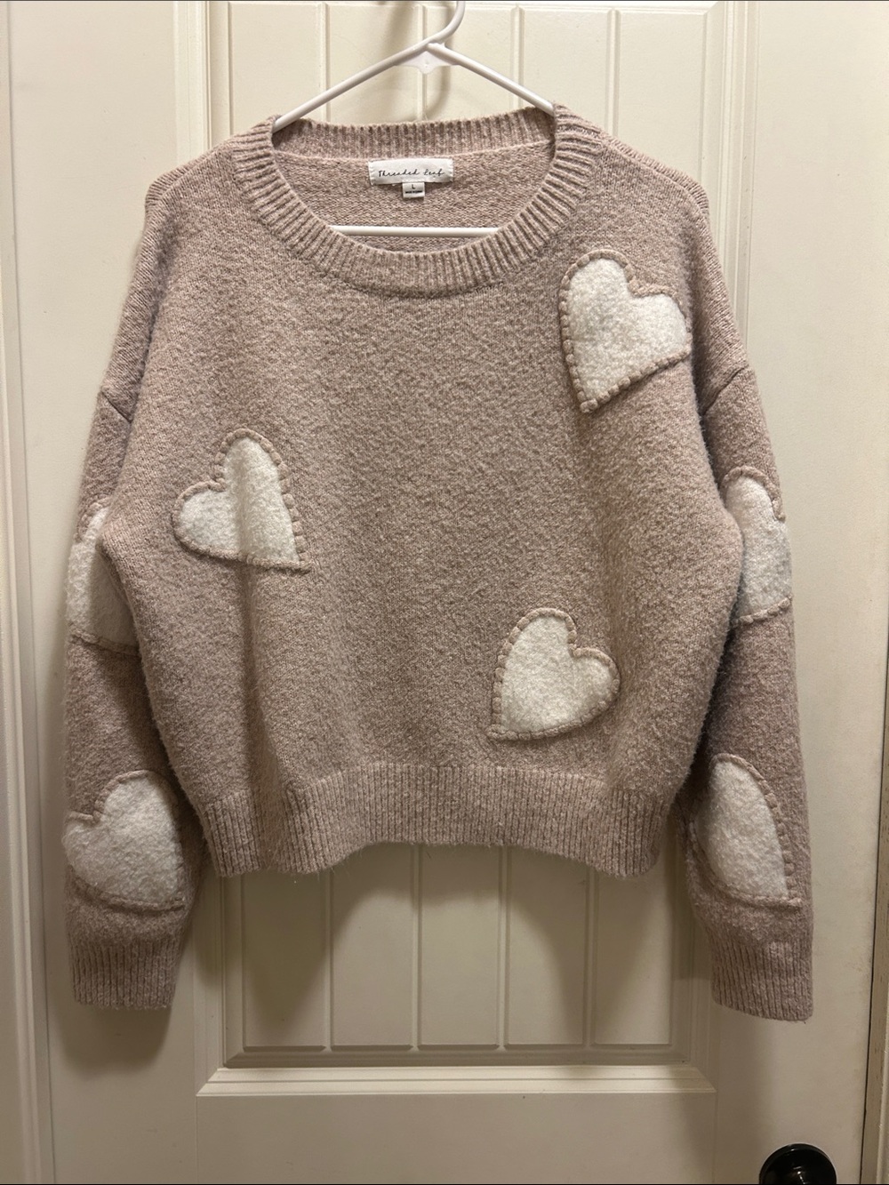 Threaded Leaf Cream Heart Appliqué Wool-Blend tan Sweater